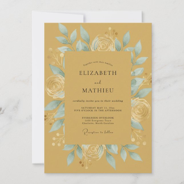 Invitation Mariage botanique distingué or (Devant)