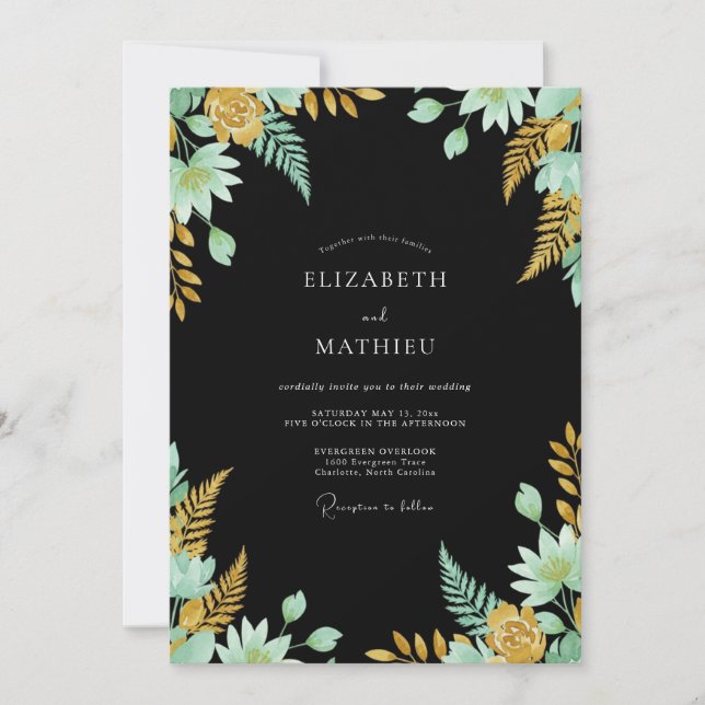 Invitation Mariage botanique doré à la menthe noire (Devant)
