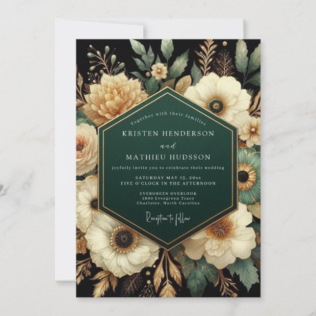 Invitation Mariage Botanique Doré Émeraude (Devant)