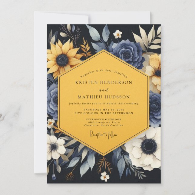 Invitation Mariage Botanique Doré et Marine (Devant)