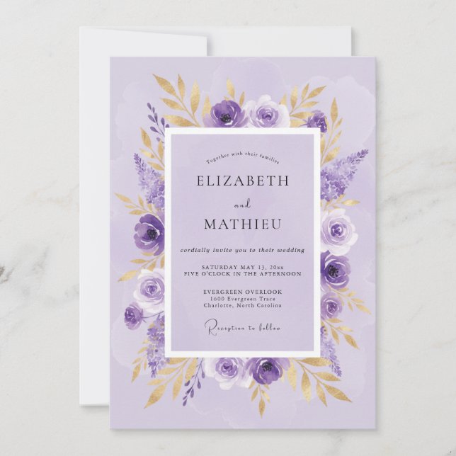 Invitation Mariage Botanique Doré Lilac (Devant)