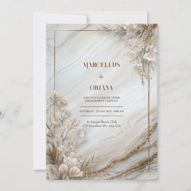 Invitation Mariage Botanique Doré sur Marbre Blanc (Devant)
