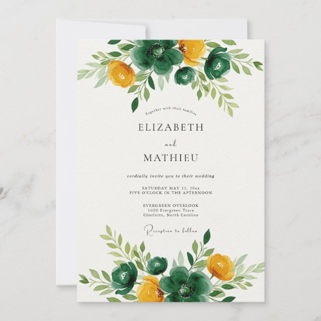 Invitation Mariage Botanique Doré Vert Émeraude (Devant)