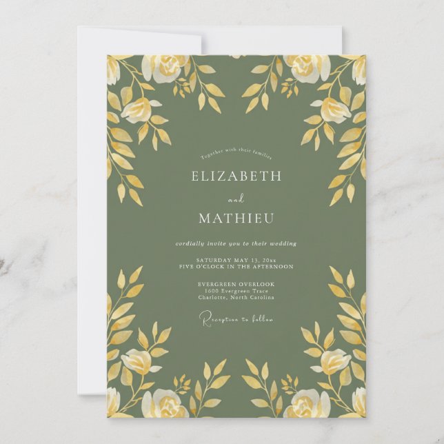 Invitation Mariage Botanique Doré Vert Sauge (Devant)