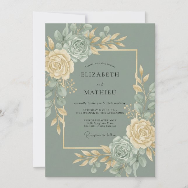 Invitation Mariage Botanique Doré Vert Sauge (Devant)