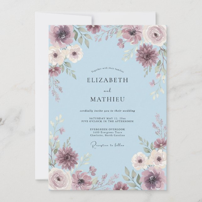 Invitation Mariage Botanique Douce Bleu Poudre (Devant)