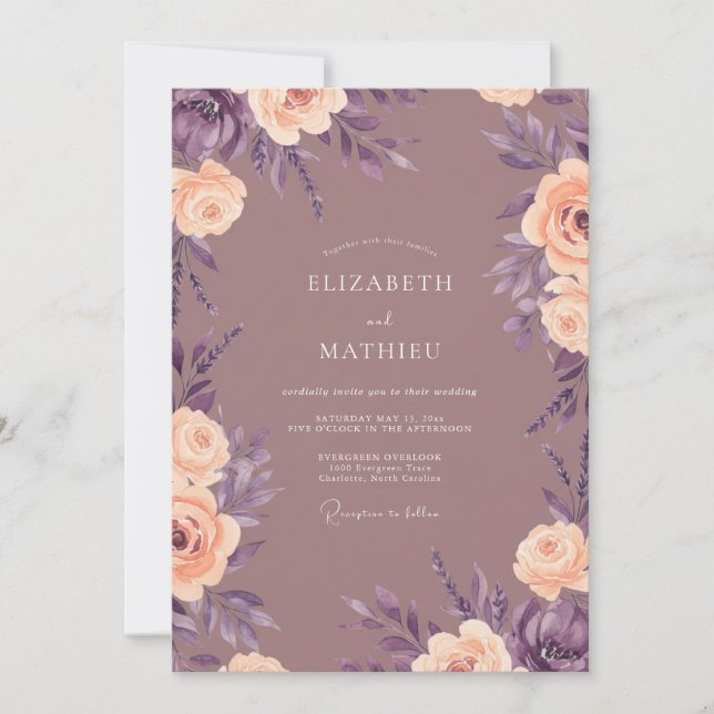 Invitation Mariage Botanique Douce Pêche Mauve (Devant)