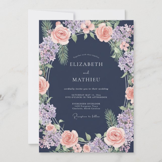 Invitation Mariage Botanique Douce Pêche Navy (Devant)