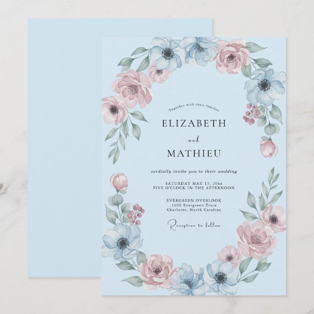 Invitation Mariage Botanique Douceur Ciel Bleu (Devant / Derrière)