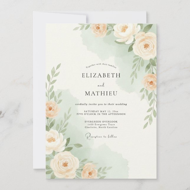 Invitation Mariage botanique doux aux pêches (Devant)