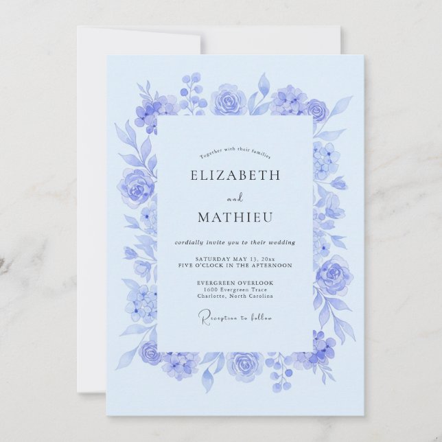 Invitation Mariage botanique doux Pervenche (Devant)