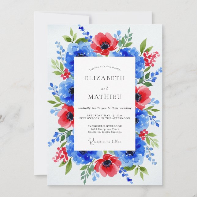 Invitation Mariage Botanique Dramatique Bleu Royal (Devant)