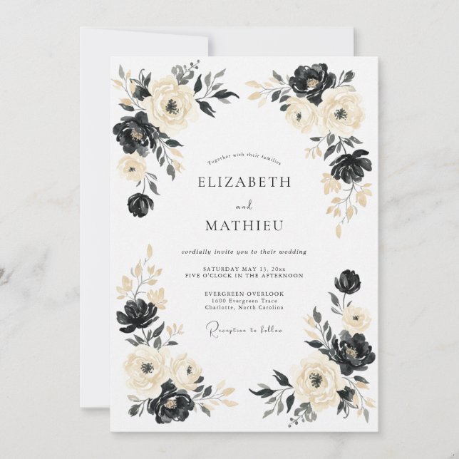 Invitation Mariage Botanique Dramatique Crème Noir (Devant)