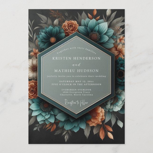 Invitation Mariage Botanique Dramatique Cuivre Sarcelle (Devant)