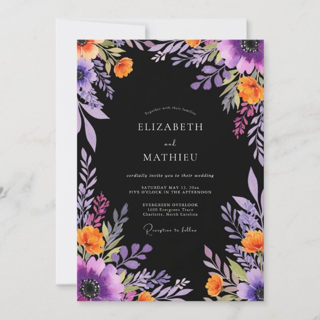 Invitation Mariage Botanique Dramatique Noir (Devant)