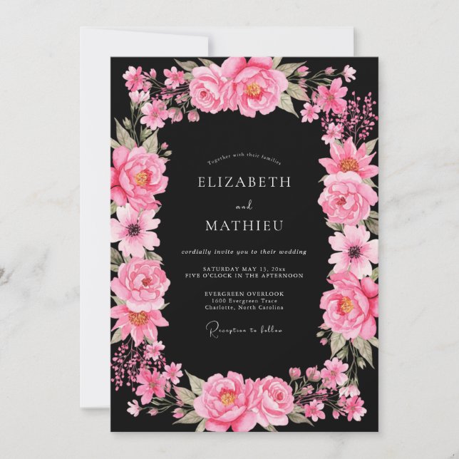 Invitation Mariage Botanique Dramatique Rose Chaud (Devant)
