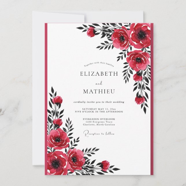 Invitation Mariage Botanique Dramatique Rouge Cramoisi (Devant)
