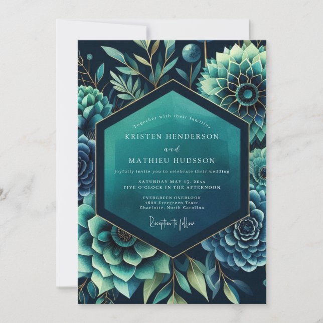 Invitation Mariage botanique dramatique sarcelle (Devant)