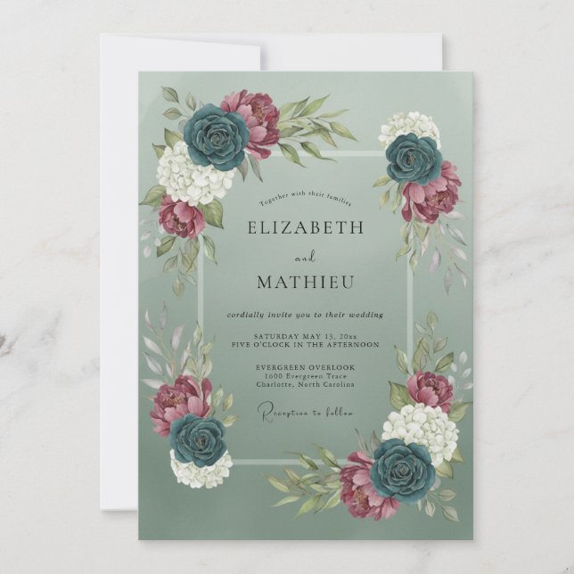 Invitation Mariage Botanique Dramatique Vert Sage (Devant)