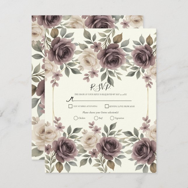 Invitation Mariage botanique Dusty Mauve & Ivoire en fleurs R (Devant / Derrière)