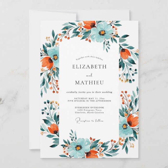 Invitation Mariage Botanique Dynamique Orange Brûlé et Sarcel (Devant)