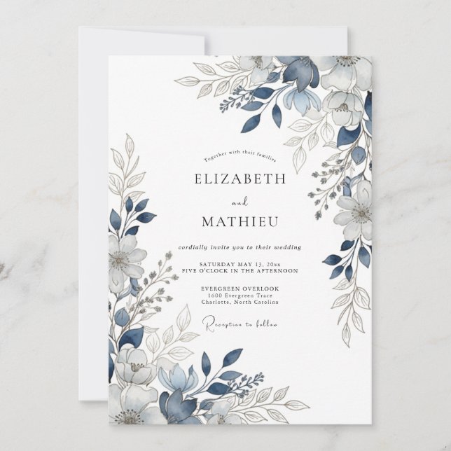 Invitation Mariage Botanique Éblouissant Bleu Marine (Devant)