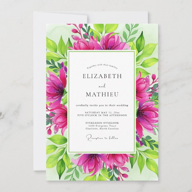 Invitation Mariage Botanique Éblouissant Fuchsia (Devant)