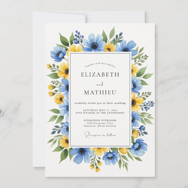 Invitation Mariage Botanique Éblouissant Jaune Céruléen (Devant)