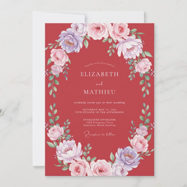 Invitation Mariage Botanique Élaboré de Couleur Cramoisi (Devant)