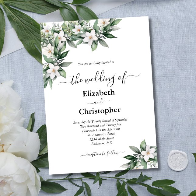 Invitation Mariage botanique élégant à la verdure florale bla (White Floral Greenery Botanical Wedding Invitation.)