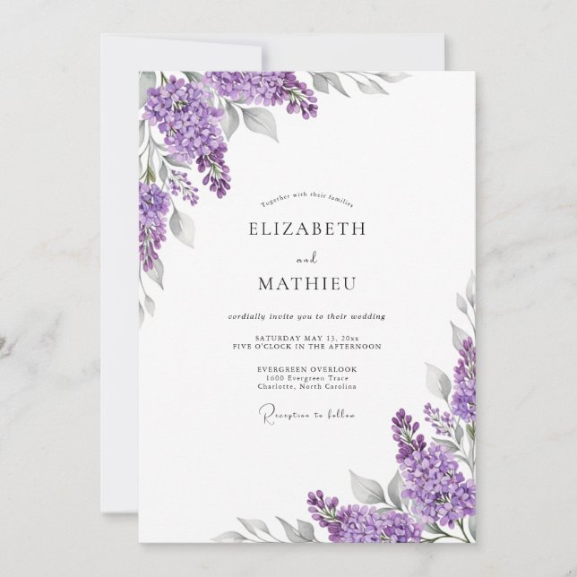 Invitation Mariage Botanique Élégant au Lilas (Devant)