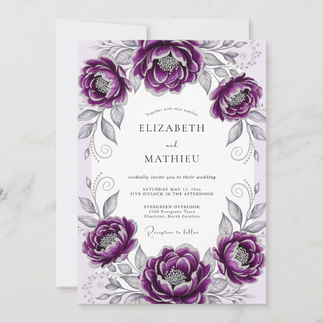Invitation Mariage Botanique Élégant au Plum (Devant)