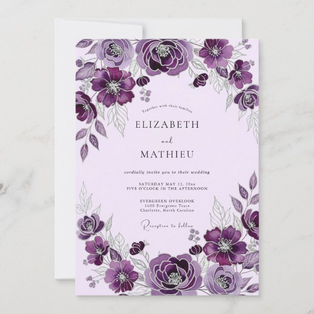 Invitation Mariage Botanique Élégant au Prune (Devant)
