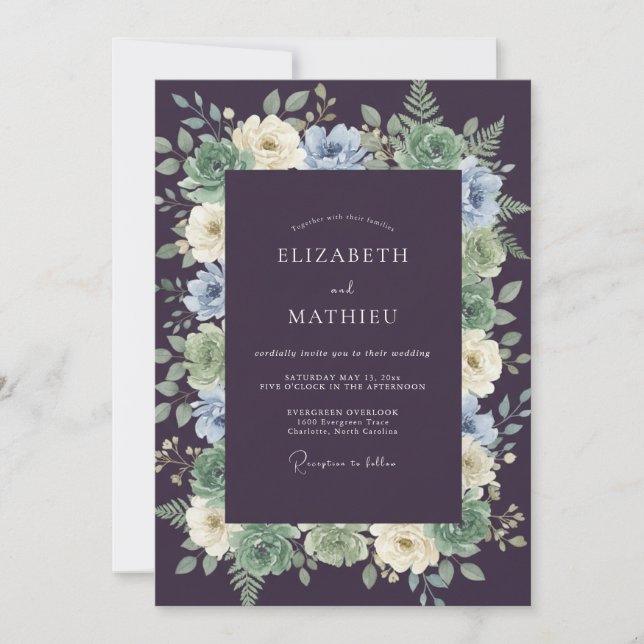 Invitation Mariage Botanique Élégant Aubergine (Devant)