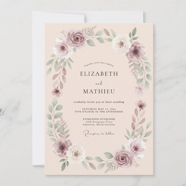 Invitation Mariage Botanique Élégant aux Joues Roses (Devant)