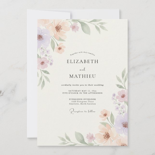 Invitation Mariage Botanique Élégant aux Pêches (Devant)