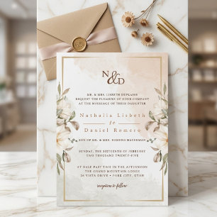 Invitation Mariage Botanique Élégant avec Vert Foncé et Rose
