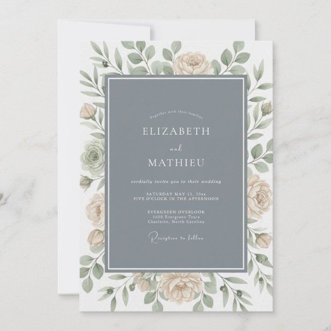 Invitation Mariage Botanique Élégant Bleu Ardoise (Devant)