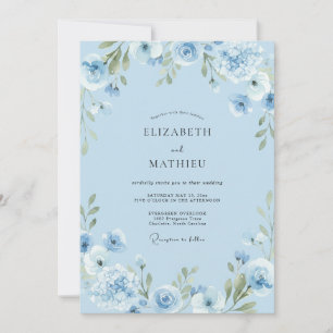 Invitation Mariage Botanique Élégant Bleu Ciel