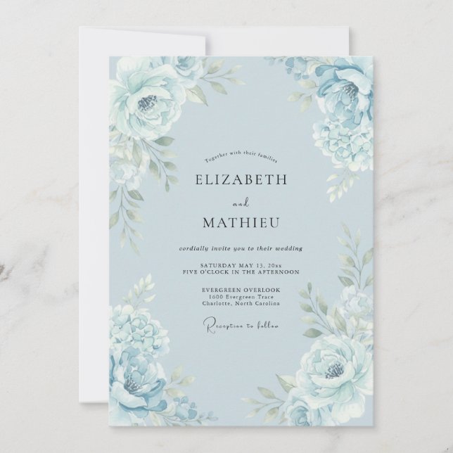 Invitation Mariage Botanique Élégant Bleu Clair (Devant)
