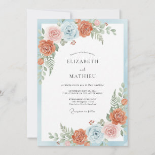 Invitation Mariage Botanique Élégant Bleu Corail