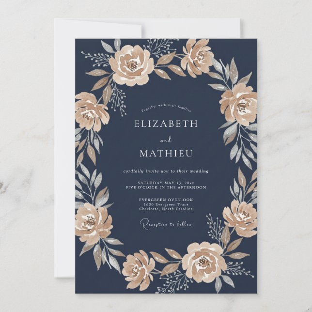 Invitation Mariage Botanique Élégant Bleu Marine (Devant)