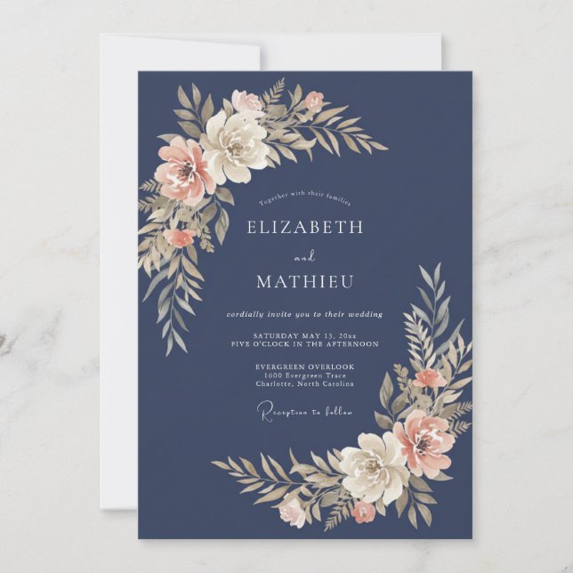 Invitation Mariage Botanique Élégant Bleu Nuit (Devant)