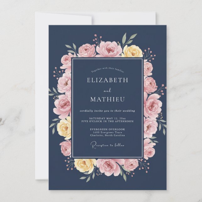 Invitation Mariage Botanique Élégant Bleu Nuit (Devant)