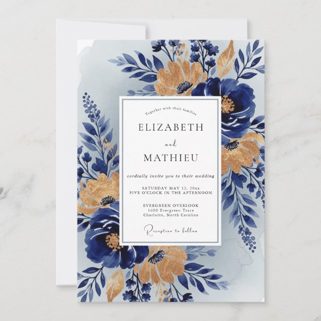 Invitation Mariage Botanique Élégant Bleu Nuit (Devant)