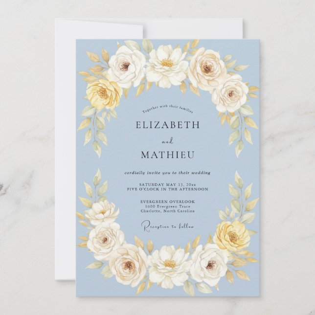Invitation Mariage Botanique Élégant Bleu Poudre (Devant)