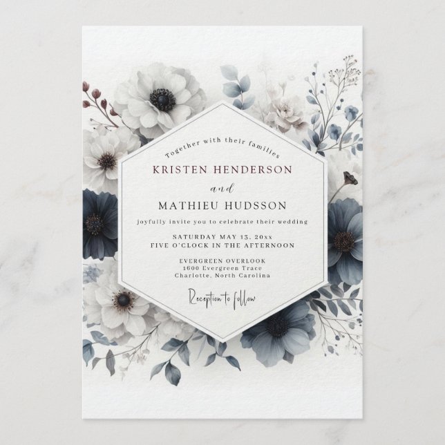 Invitation Mariage Botanique Élégant Bleu Poussiéreux (Devant)