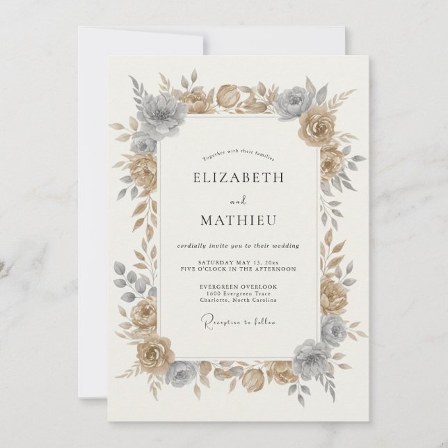 Invitation Mariage Botanique Élégant Bronze (Devant)