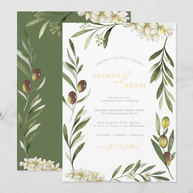 Invitation Mariage Botanique Élégant de Branche d'Olivier (Devant / Derrière)