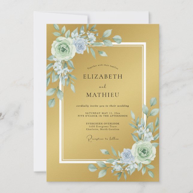 Invitation Mariage Botanique Élégant Doré (Devant)